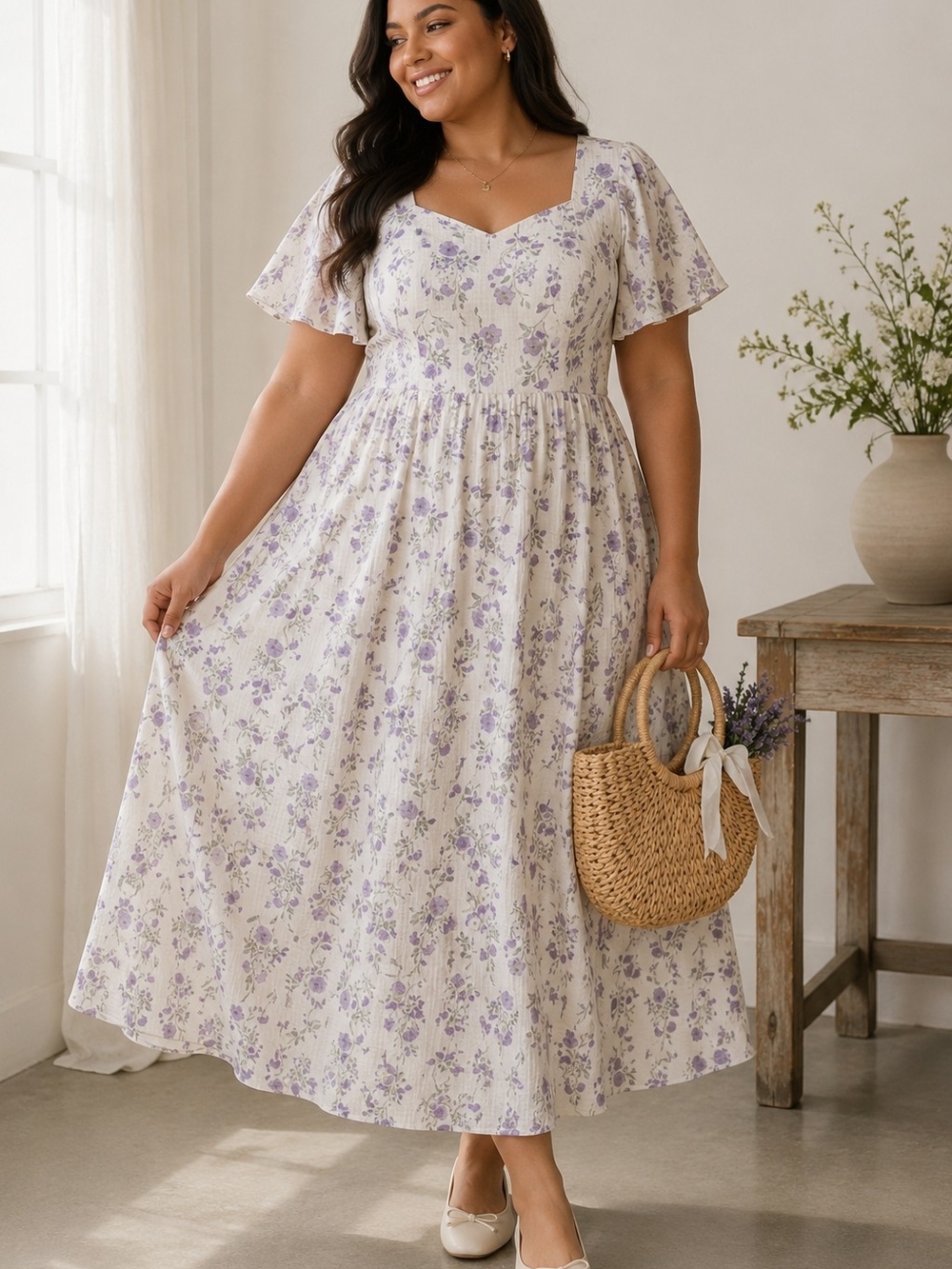 Ivy City Co Lavender Floral Sweetheart Maxi Dress PTP 22